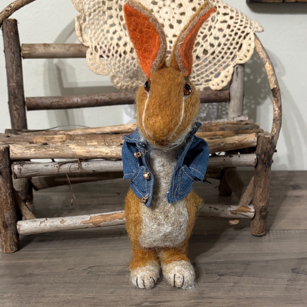 Vintage Inspired Wool Felted Easter Bunny Figurine with Denim Jacket